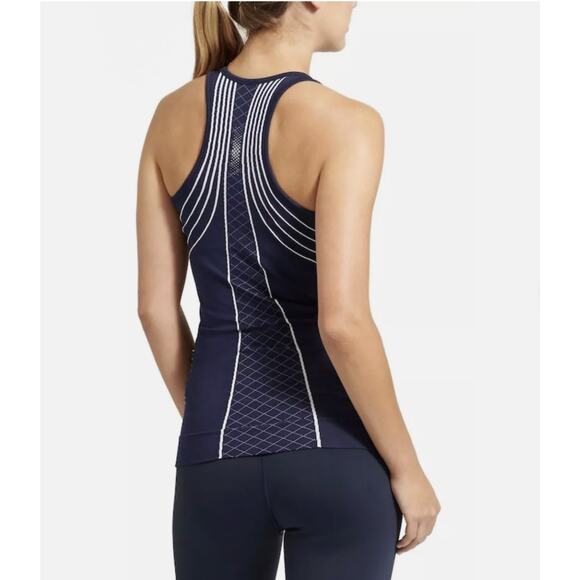 Athleta Finish Fast Line Ruched White Navy Tank Top Size XS Gym Yoga Workout - Picture 4 of 8